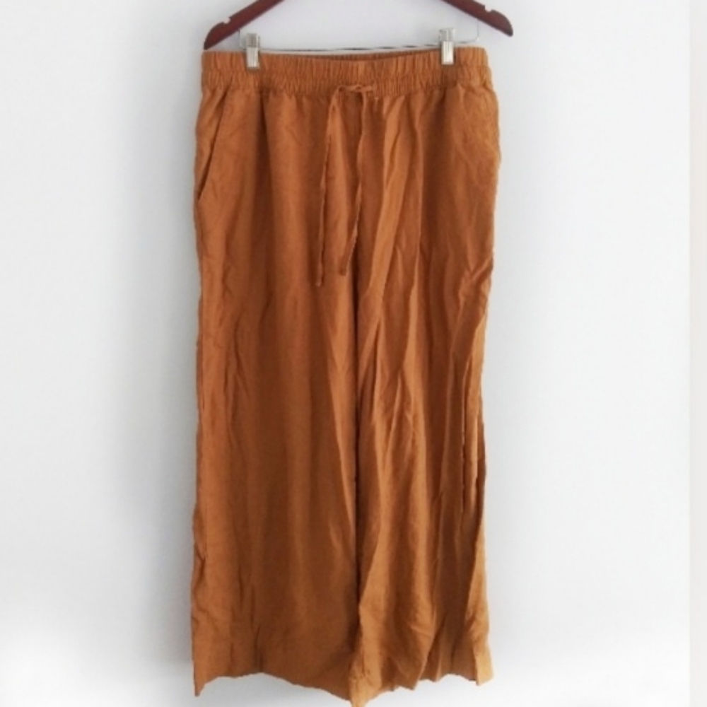 A New Day SZ L Wide Leg Linen Rayon Blend Tan Pullon Elastic Comfort Waist